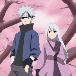 Kakashi Hatake, wearing his Jounin outfit, stands under a blooming sakura tree