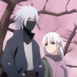 Kakashi Hatake, wearing his Jounin outfit, stands under a blooming sakura tree