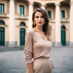 A beautiful young European woman posing in a stylish outfit, emphasizing her confident and elegant demeanor