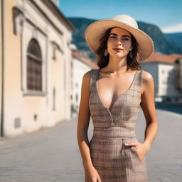 A beautiful young European woman posing in a stylish outfit, emphasizing her confident and elegant demeanor