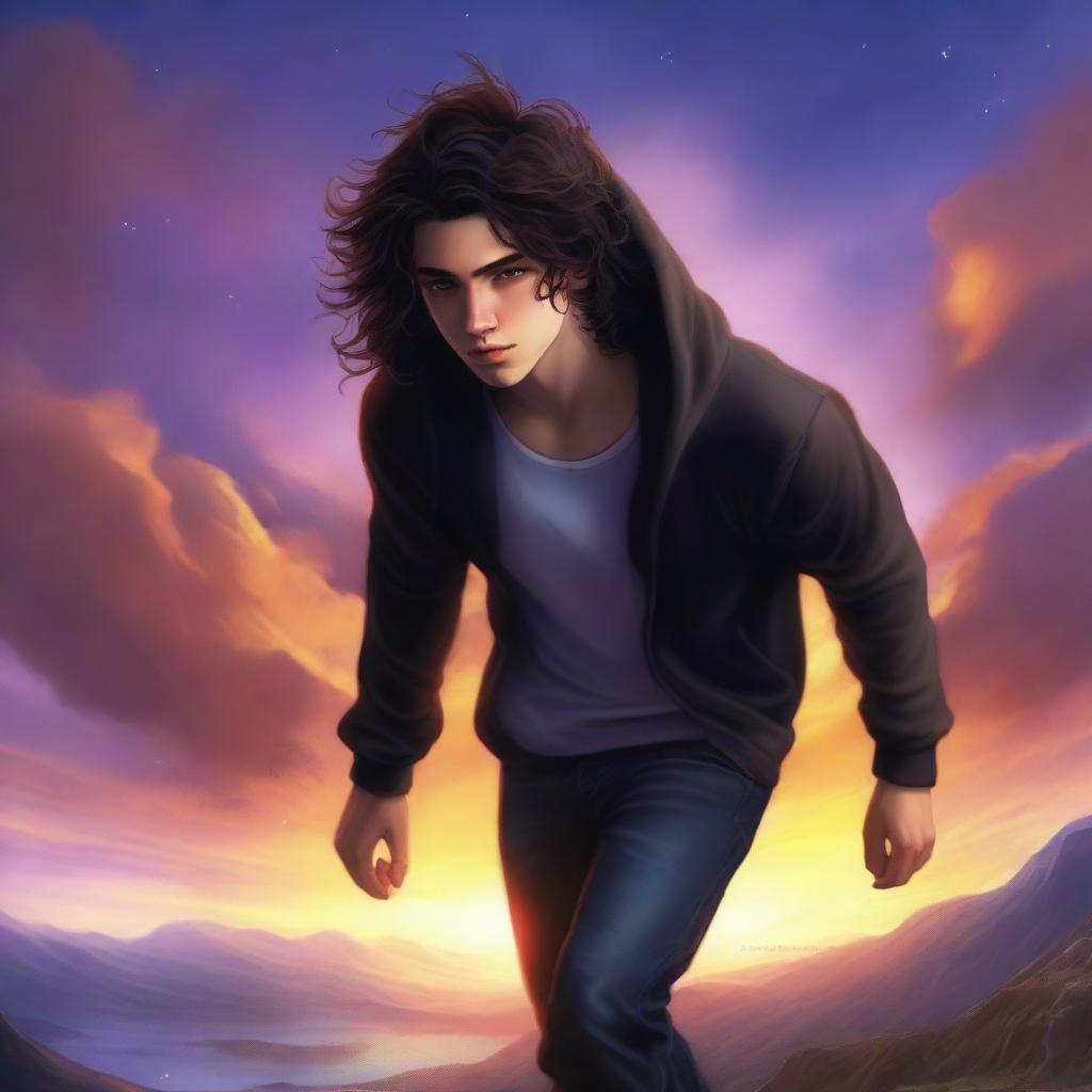 A fantasy book cover featuring a fair male with black shoulder-length curled hair and dark brown eyes, wearing a dark modern hoodie