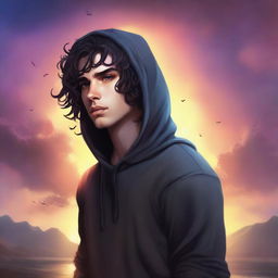 A fantasy book cover featuring a fair male with black shoulder-length curled hair and dark brown eyes, wearing a dark modern hoodie