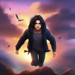 A fantasy book cover featuring a fair male with black shoulder-length curled hair and dark brown eyes, wearing a dark modern hoodie