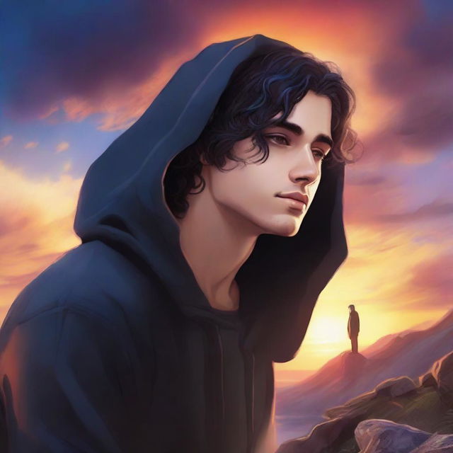 A fantasy book cover featuring a fair male with black shoulder-length curled hair and dark brown eyes, wearing a dark modern hoodie