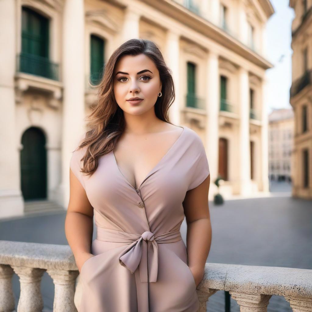 A young European woman posing confidently in a scenic outdoor setting, highlighting her curvy figure