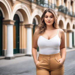 A young European woman posing confidently in a scenic outdoor setting, highlighting her curvy figure