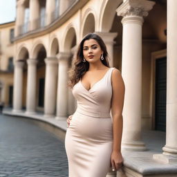 A young European woman posing confidently in a scenic outdoor setting, highlighting her curvy figure