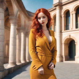 A young European woman with striking red hair, posing confidently in a scenic outdoor setting