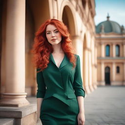 A young European woman with striking red hair, posing confidently in a scenic outdoor setting