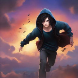 A fantasy cover featuring a fair male with black shoulder-length curled hair and dark brown eyes, wearing a dark modern hoodie