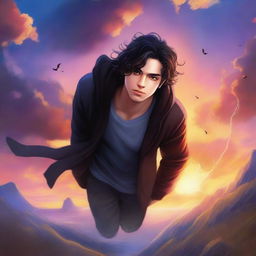 A fantasy cover featuring a fair male with black shoulder-length curled hair and dark brown eyes, wearing a dark modern hoodie