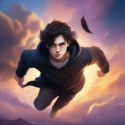 A fantasy cover featuring a fair male with black shoulder-length curled hair and dark brown eyes, wearing a dark modern hoodie