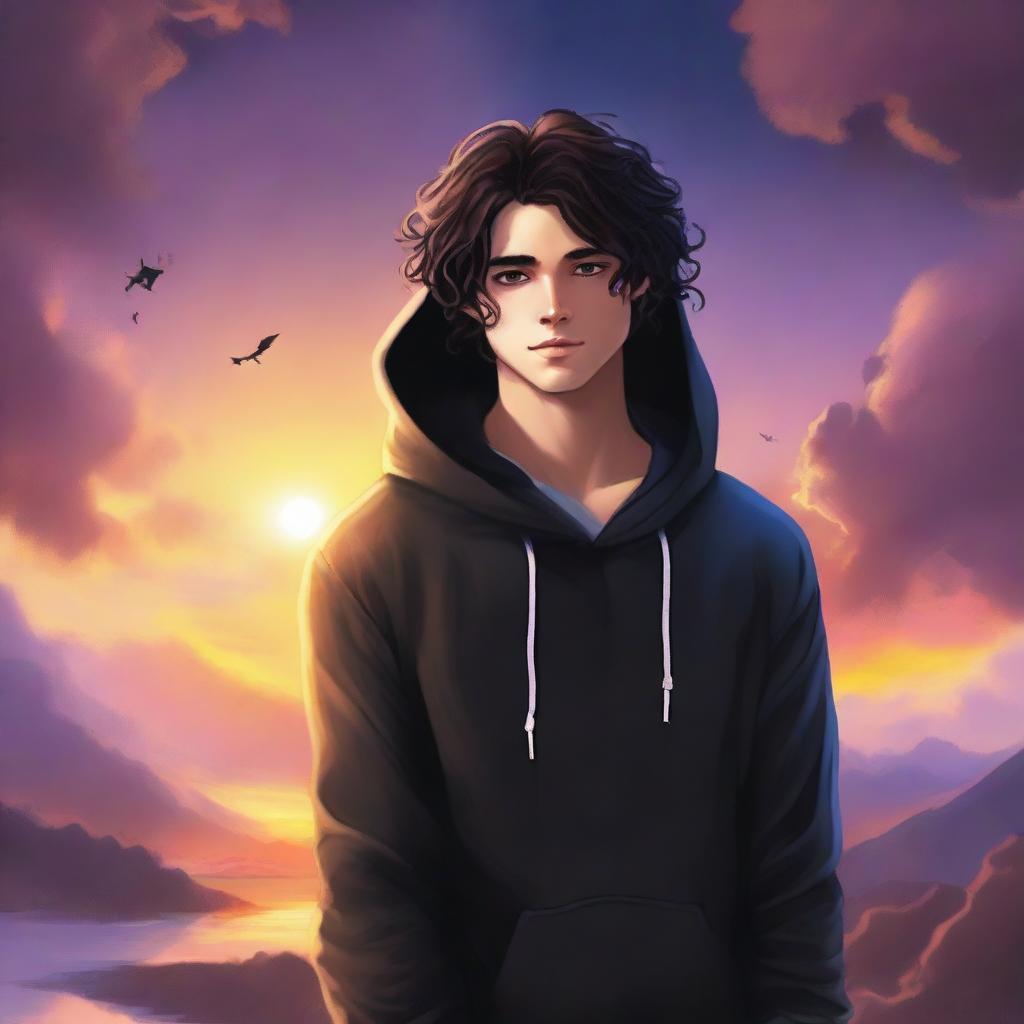 A fantasy cover featuring a fair male with black shoulder-length curled hair and dark brown eyes, wearing a dark modern hoodie