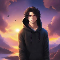 A fantasy cover featuring a fair male with black shoulder-length curled hair and dark brown eyes, wearing a dark modern hoodie