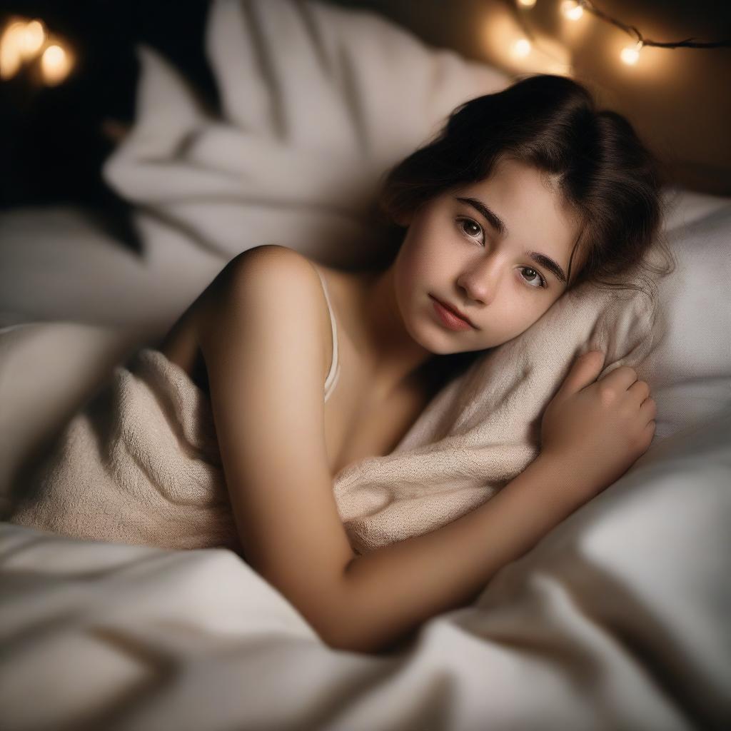 A pale 18-year-old girl lying in bed at night, wrapped in blankets that show her body contours