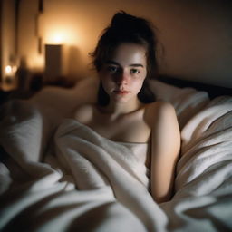 A pale 18-year-old girl lying in bed at night, wrapped in blankets that show her body contours