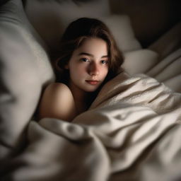 A pale 18-year-old girl lying in bed at night, wrapped in blankets that show her body contours