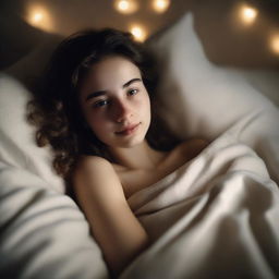 A pale 18-year-old girl lying in bed at night, wrapped in blankets that show her body contours