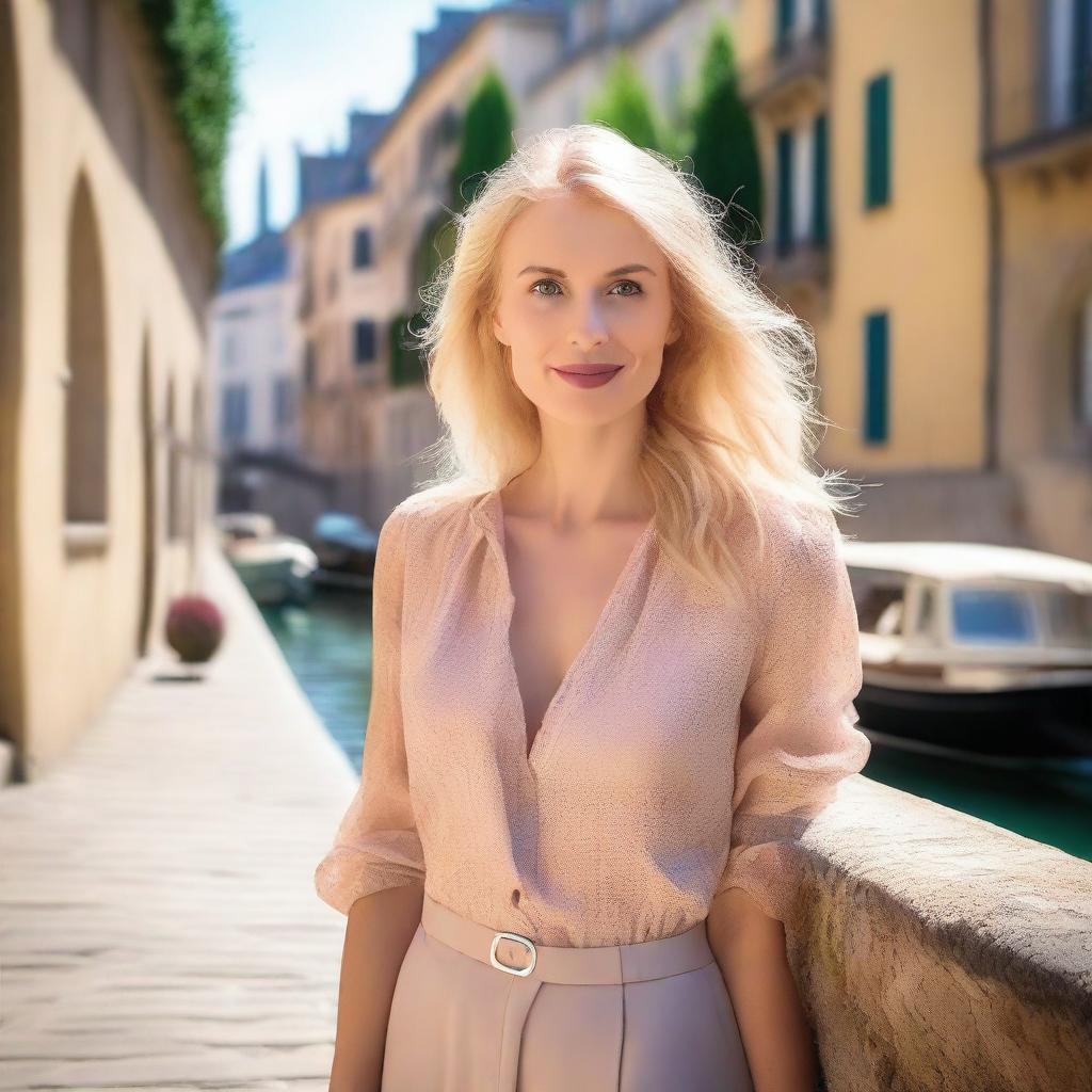 A stunning European woman with blonde hair, elegantly dressed, posing gracefully in a picturesque European setting