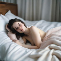 A pale 18-year-old girl lying in bed, partially covered with blankets, appearing semi-naked