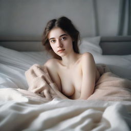 A pale 18-year-old girl lying in bed, partially covered with blankets, appearing semi-naked