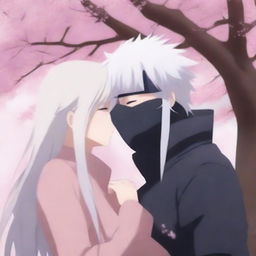 Hatake Kakashi wearing a mask and Hokage clothes, kissing a girl with long white hair under a sakura tree