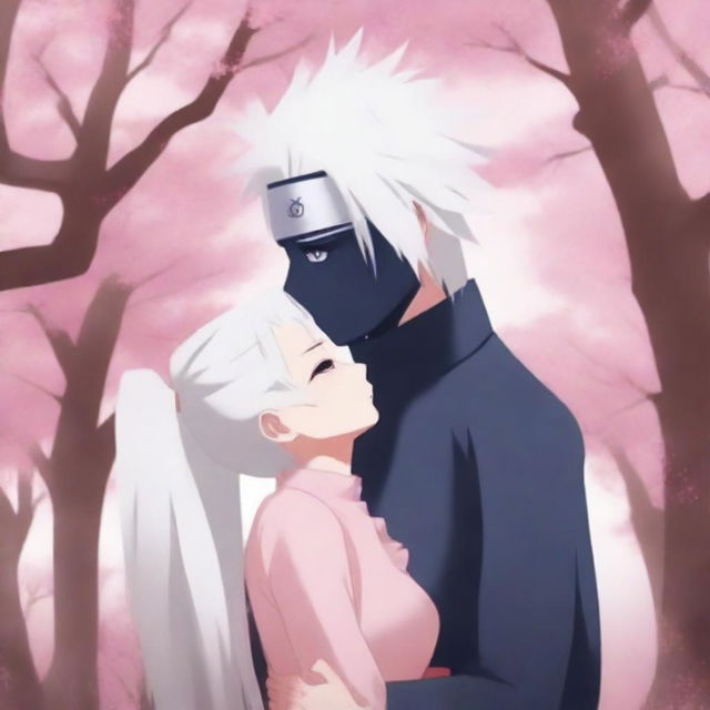 Hatake Kakashi wearing a mask and Hokage clothes, kissing a girl with long white hair under a sakura tree