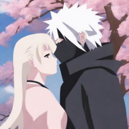 Hatake Kakashi wearing a mask and Hokage clothes, kissing a girl with long white hair under a sakura tree