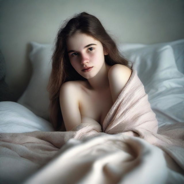 A pale 18-year-old girl lying in bed, partially covered with blankets, appearing semi-naked, about to go to sleep