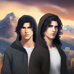 A fantasy book cover featuring a fair male with black shoulder-length curled hair and dark brown eyes, wearing a dark modern hoodie