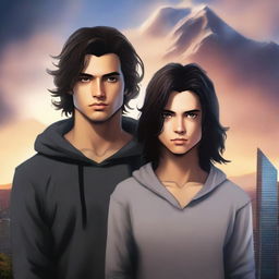 A fantasy book cover featuring a fair male with black shoulder-length curled hair and dark brown eyes, wearing a dark modern hoodie