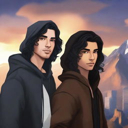 A fantasy book cover featuring a fair male with black shoulder-length curled hair and dark brown eyes, wearing a dark modern hoodie