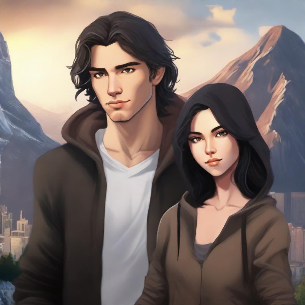 A fantasy book cover featuring a fair male with black shoulder-length curled hair and dark brown eyes, wearing a dark modern hoodie