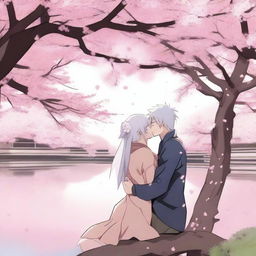 Hatake Kakashi kissing a girl with long white hair under a sakura tree in anime style