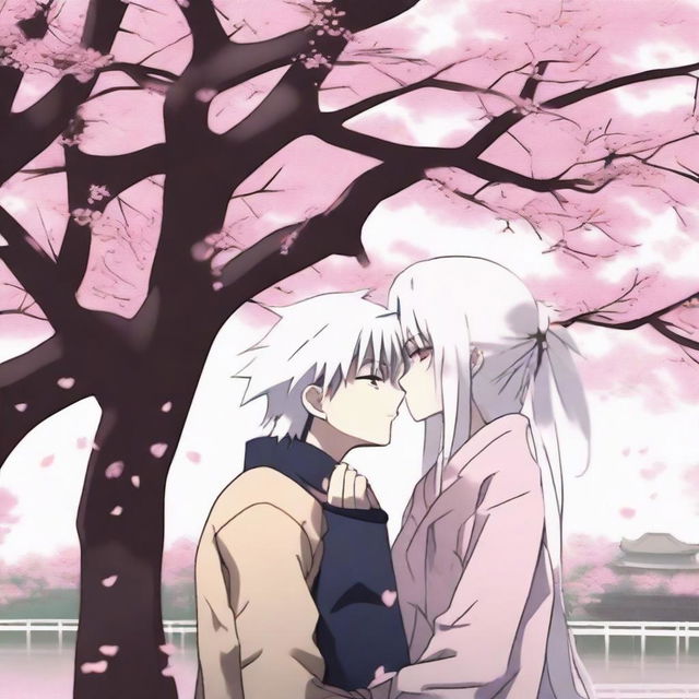 Hatake Kakashi kissing a girl with long white hair under a sakura tree in anime style