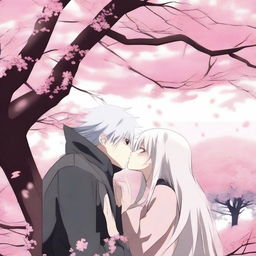 Hatake Kakashi kissing a girl with long white hair under a sakura tree in anime style