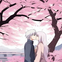 Hatake Kakashi kissing a girl with long white hair under a sakura tree in anime style