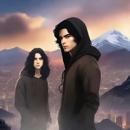 A fantasy book cover featuring a fair male with black shoulder-length curled hair and dark brown eyes, wearing a dark modern hoodie