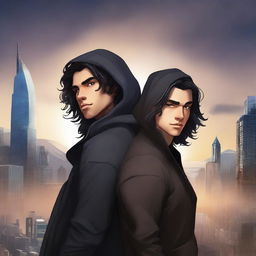 A fantasy book cover featuring a fair male with black shoulder-length curled hair and dark brown eyes, wearing a dark modern hoodie