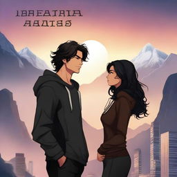 A fantasy book cover featuring a fair male with black shoulder-length curled hair and dark brown eyes, wearing a dark modern hoodie