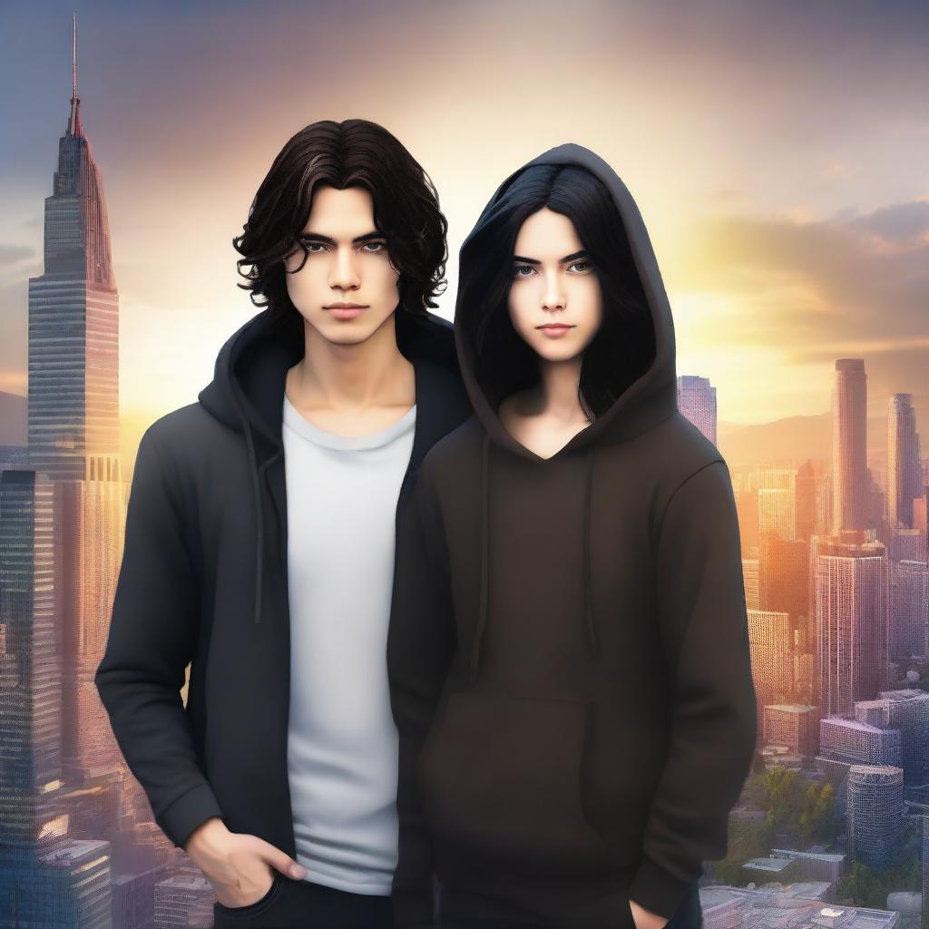 A fantasy book cover featuring a fair male with black shoulder-length curled hair and dark brown eyes, wearing a dark modern hoodie