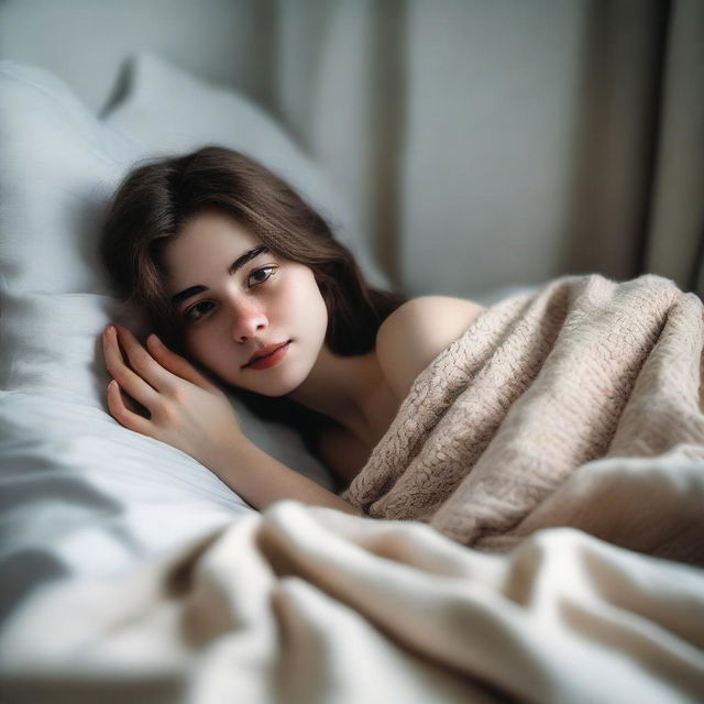 A pale 18-year-old girl lying in bed, partially covered with blankets, with her bottom exposed