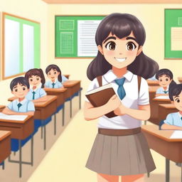 A cute schoolgirl in a traditional school uniform, standing in a classroom