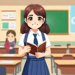 A cute schoolgirl in a traditional school uniform, standing in a classroom