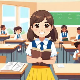 A cute schoolgirl in a traditional school uniform, standing in a classroom