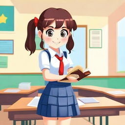 A cute schoolgirl in a traditional school uniform, standing in a classroom