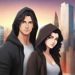 A fantasy book cover featuring a fair male with black shoulder-length curled hair and dark brown eyes, wearing a dark modern hoodie