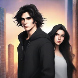 A fantasy book cover featuring a fair male with black shoulder-length curled hair and dark brown eyes, wearing a dark modern hoodie