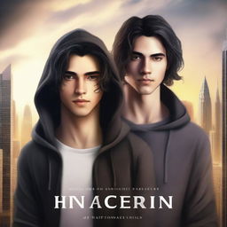 A fantasy book cover featuring a fair male with black shoulder-length curled hair and dark brown eyes, wearing a dark modern hoodie