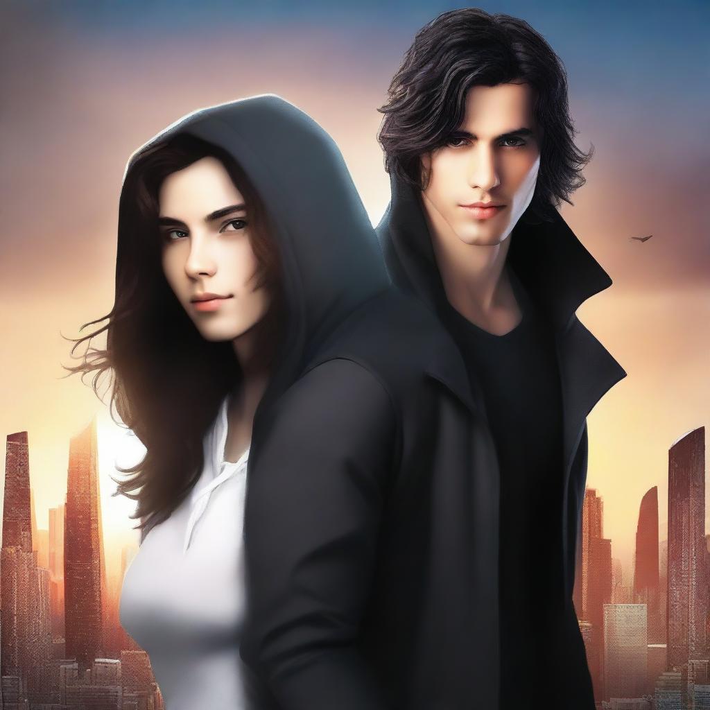 A fantasy book cover featuring a fair male with black shoulder-length curled hair and dark brown eyes, wearing a dark modern hoodie